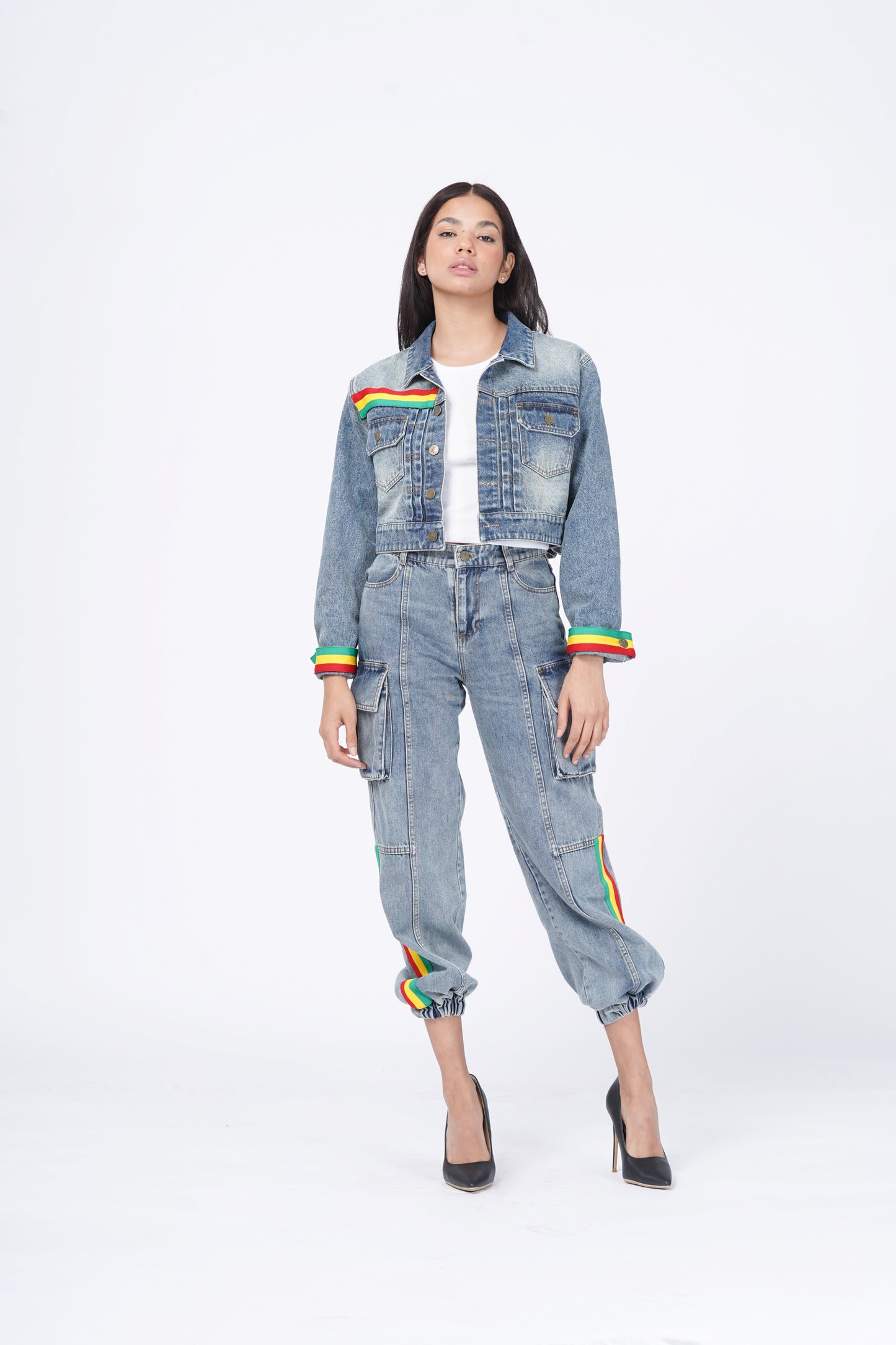 DENIM CROP JACKET WITH STRIPES