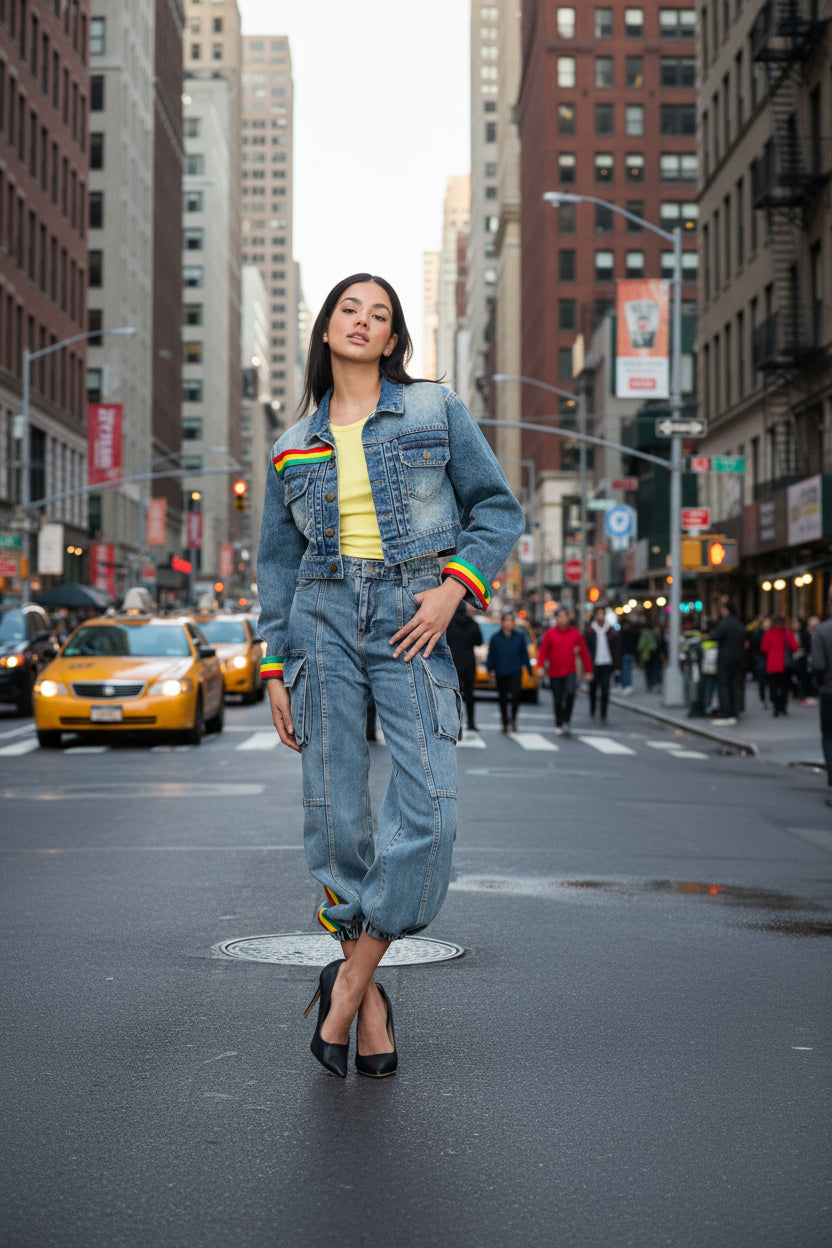 DENIM CROP JACKET WITH STRIPES