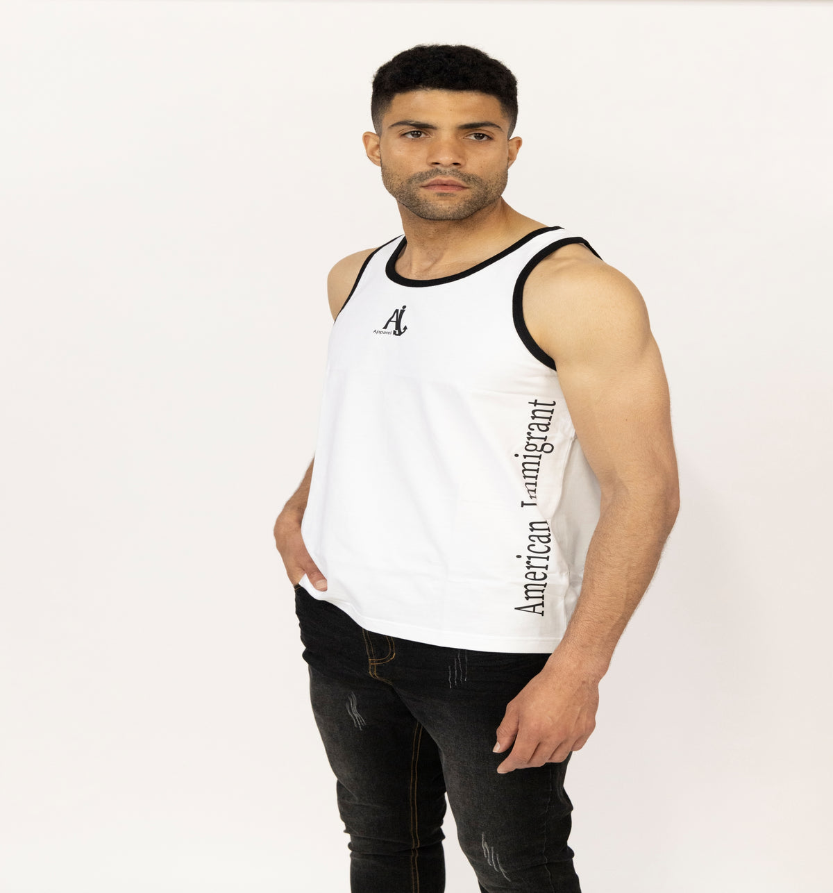 TOP- White Ai Logo Tank Top with Black Trim